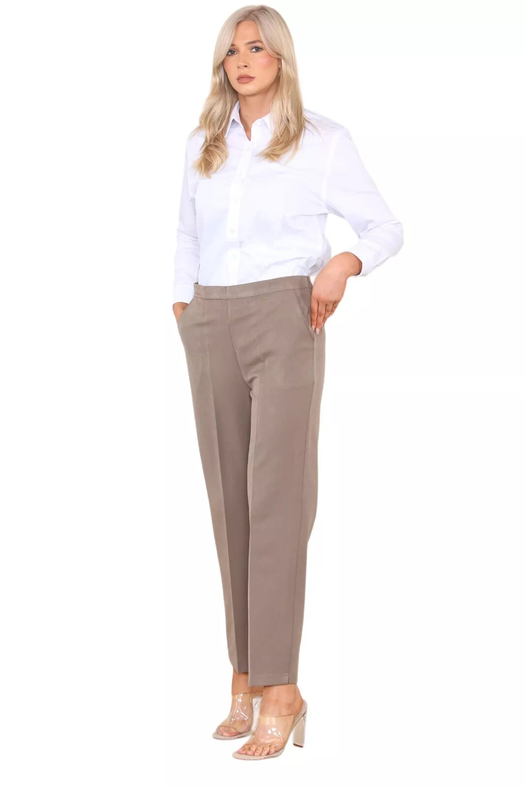 Half Elasticated Pocket Trouser - Blue, Taupe, White Trousers WearAll Taupe 8 25
