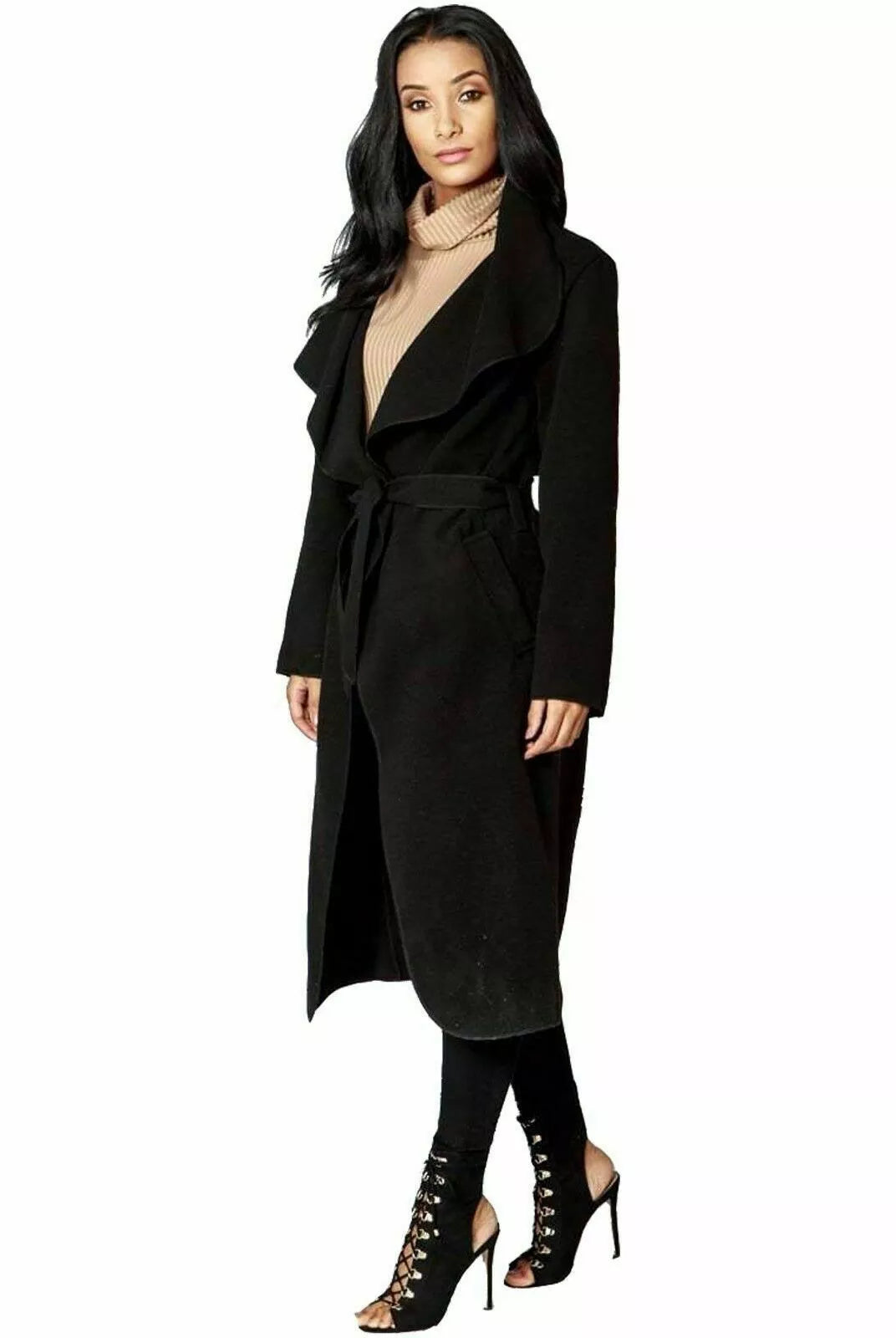 Plus Size Long Belt Pocket Open Coat cardigan WearAll Black 16-22