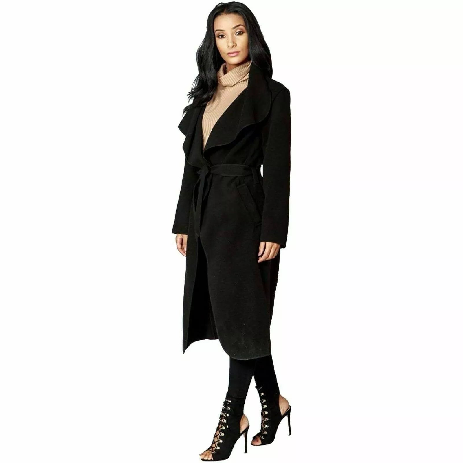 Plus Size Long Belt Pocket Open Coat cardigan WearAll Black 16-22
