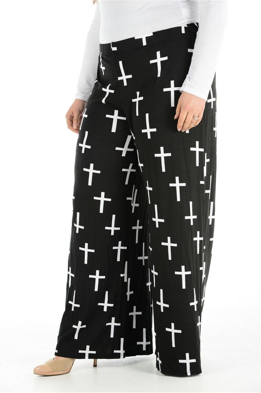 Plus Size Black Cross Print Palazzo Trouser Palazzo WearAll