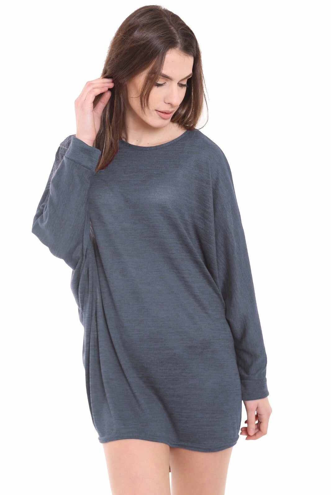 Plus Size Plain Batwing Dip Hem Baggy Top Tops WearAll Dark Grey 16-18