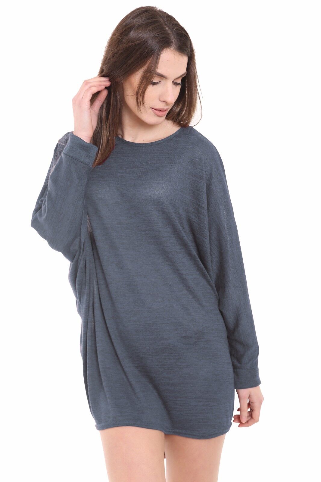 Plus Size Plain Batwing Dip Hem Baggy Top Tops WearAll Dark Grey 16-18
