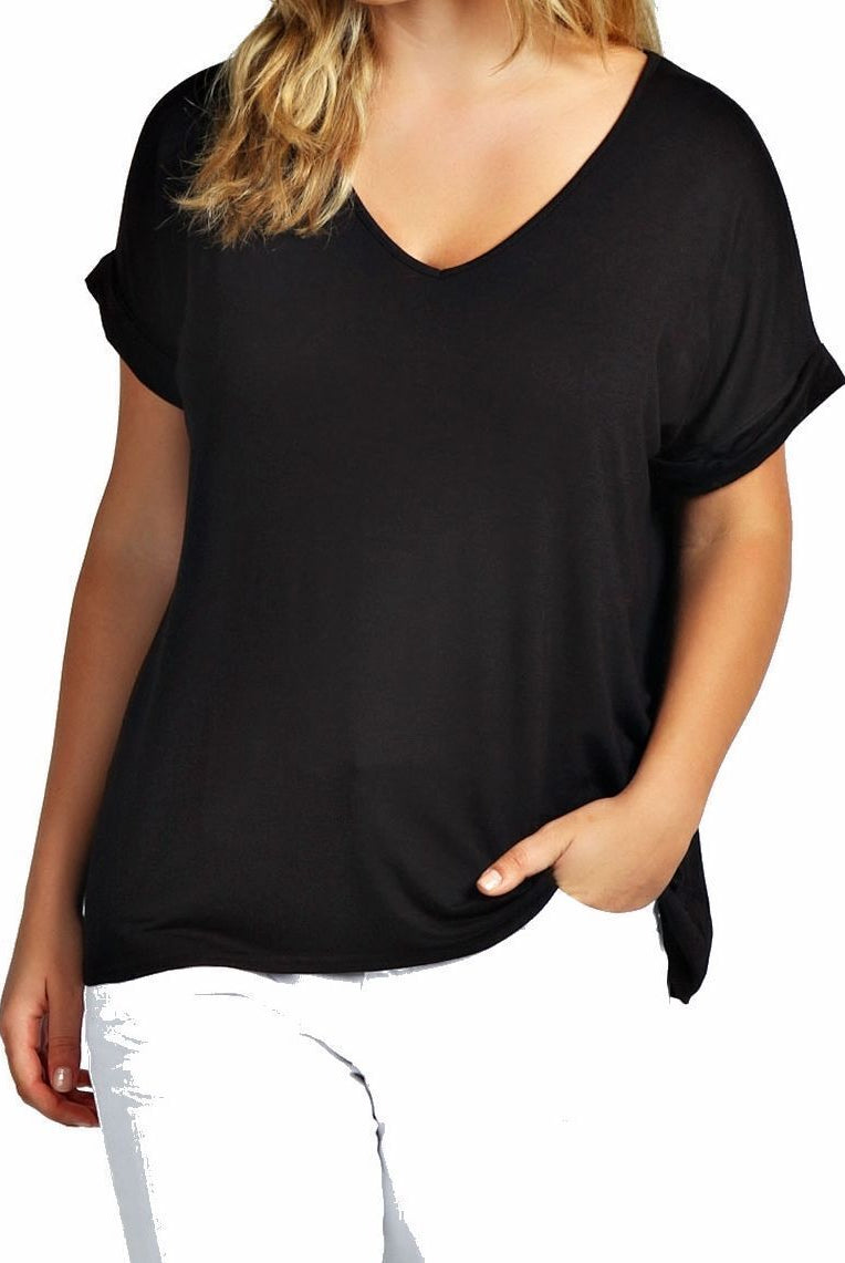 Short Turn Up Sleeve Baggy Top Tops WearAll Black 8-10