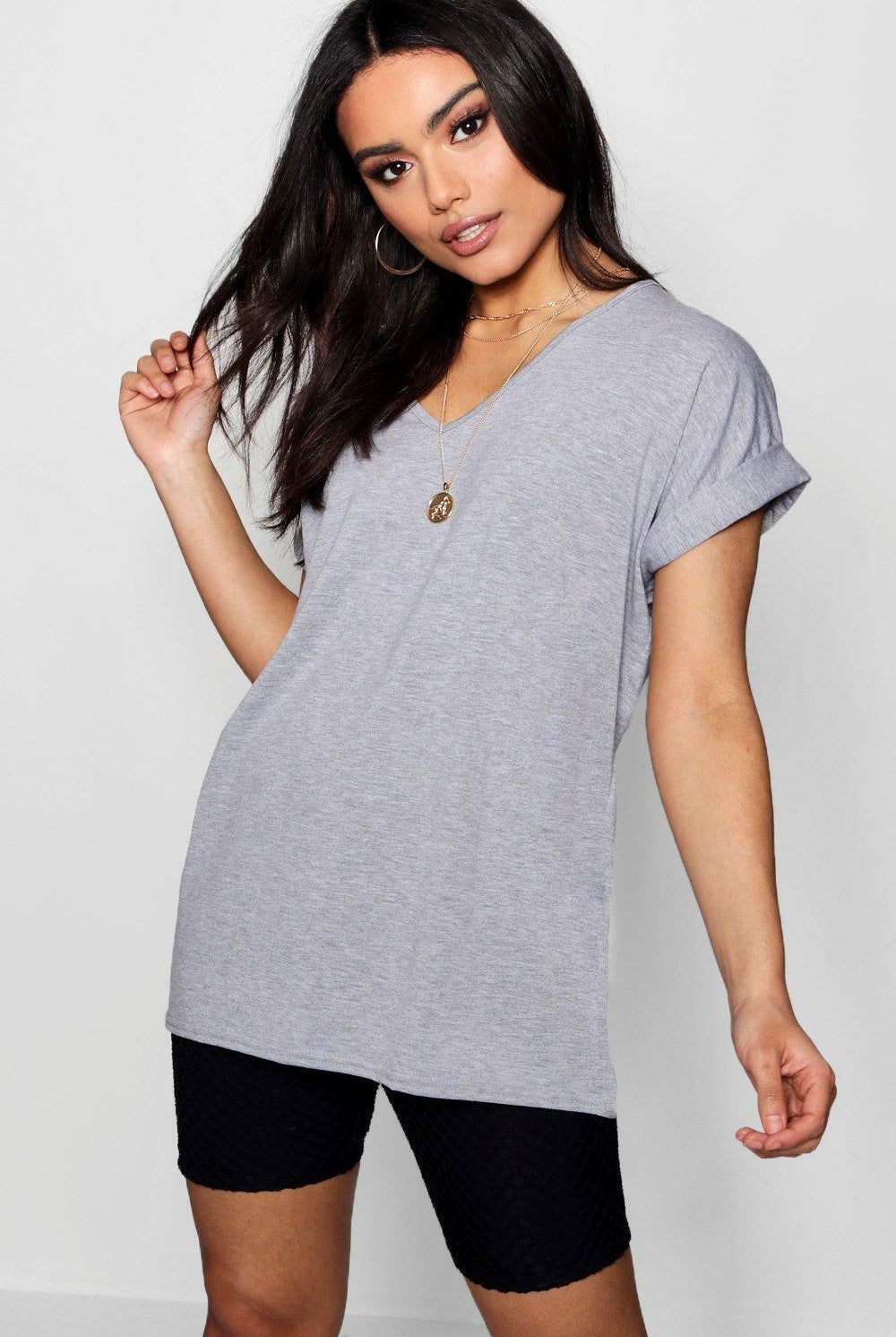 Short Turn Up Sleeve Baggy Top Tops WearAll Light Grey 8-10