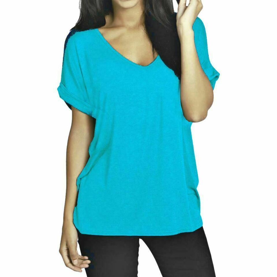 Plus Size Short Turn Up Sleeve Baggy Top Tops WearAll Turquoise 16-18