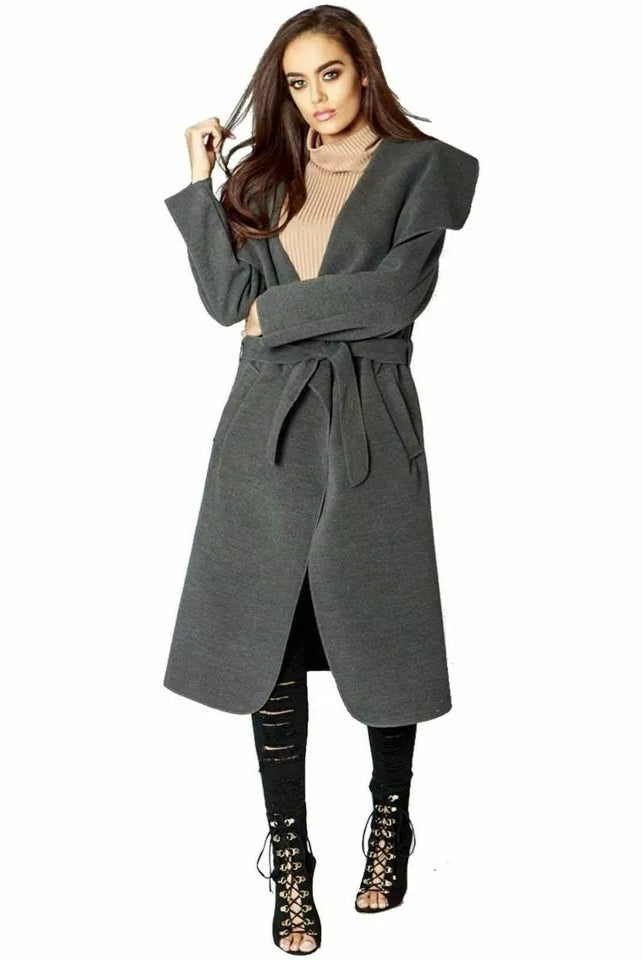 Plus Size Long Belt Pocket Open Coat cardigan WearAll Dark Grey 16-22