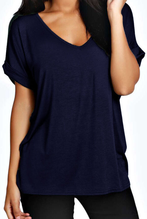 Short Turn Up Sleeve Baggy Top Tops WearAll Navy Blue 8-10
