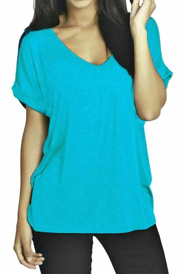 Short Turn Up Sleeve Baggy Top Tops WearAll Turquoise 8-10