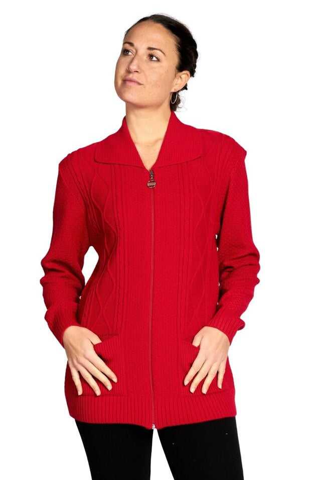 Plus Size Knit Collar Long Sleeve Zip Cardigan Knitted Cardigan WearAll Red 16-18