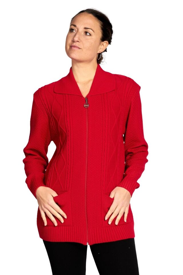 Plus Size Knit Collar Long Sleeve Zip Cardigan Knitted Cardigan WearAll Red 16-18