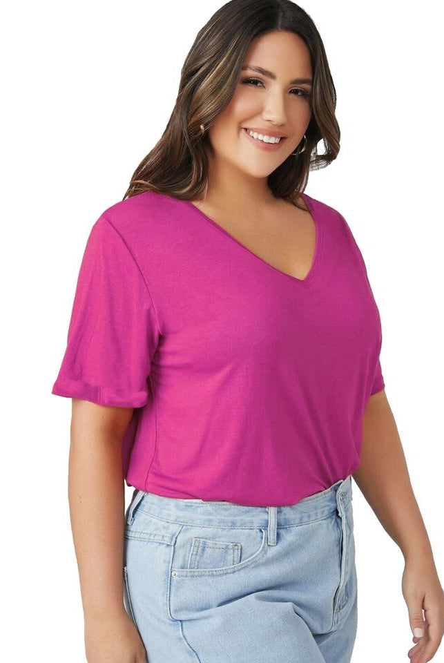 Short Turn Up Sleeve Baggy Top Tops WearAll Cerise 8-10