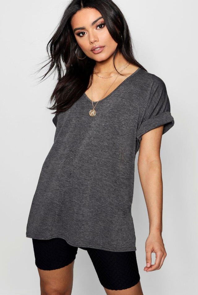 Short Turn Up Sleeve Baggy Top Tops WearAll Charcoal 8-10
