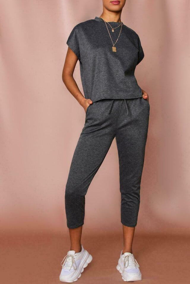 Boxy Short Sleeved Round Neck Two Piece Loungewear Tracksuit Loungewear WearAll Charcoal 16-18
