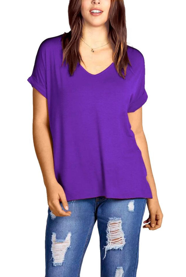 Short Turn Up Sleeve Baggy Top Tops WearAll Purple 8-10