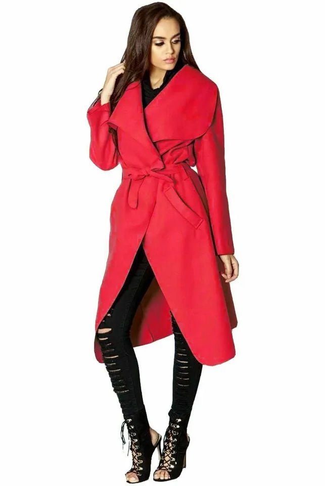 Plus Size Long Belt Pocket Open Coat cardigan WearAll Red 16-22
