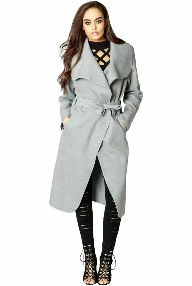 Plus Size Long Belt Pocket Open Coat cardigan WearAll Light Grey 16-22
