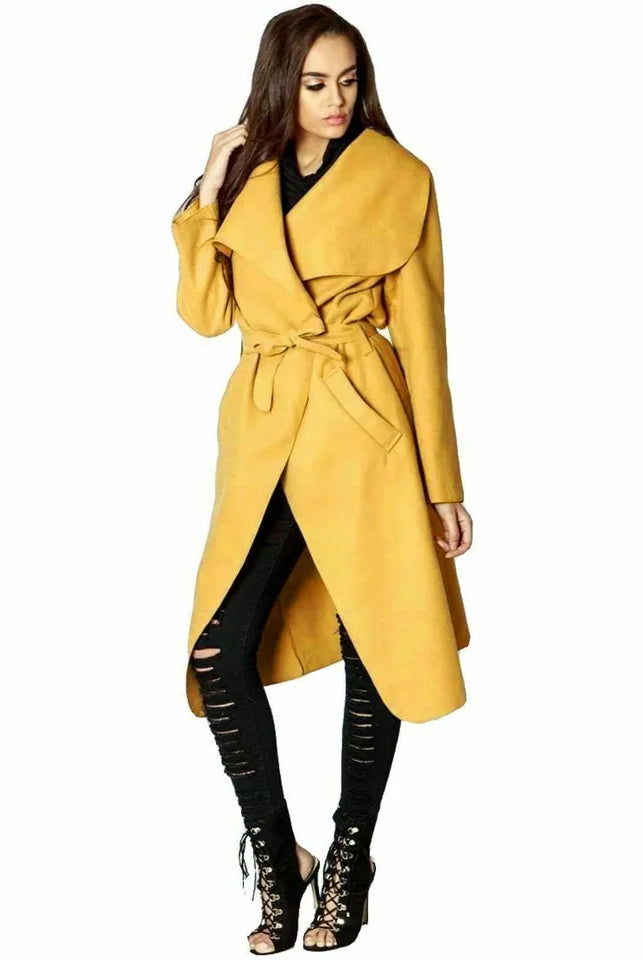 Plus Size Long Belt Pocket Open Coat cardigan WearAll Mustard 16-22