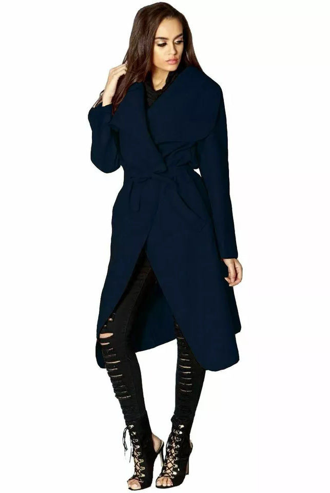 Plus Size Long Belt Pocket Open Coat cardigan WearAll Navy Blue 16-22