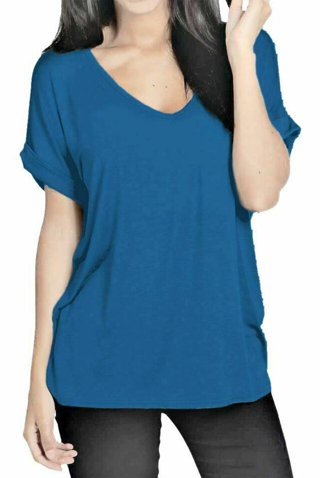Short Turn Up Sleeve Baggy Top Tops WearAll Teal 8-10