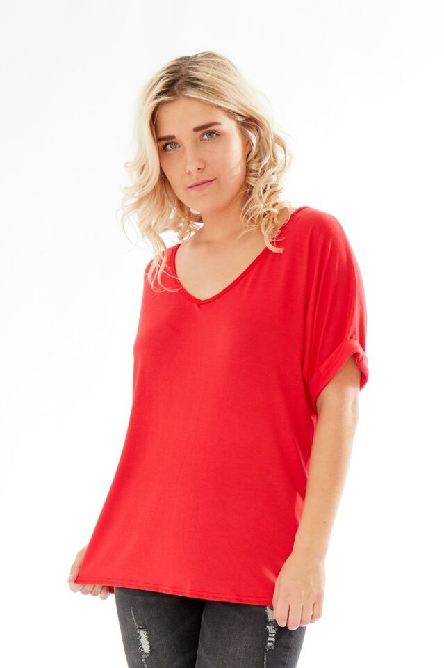 Plus Size Short Turn Up Sleeve Baggy Top Tops WearAll Red 16-18