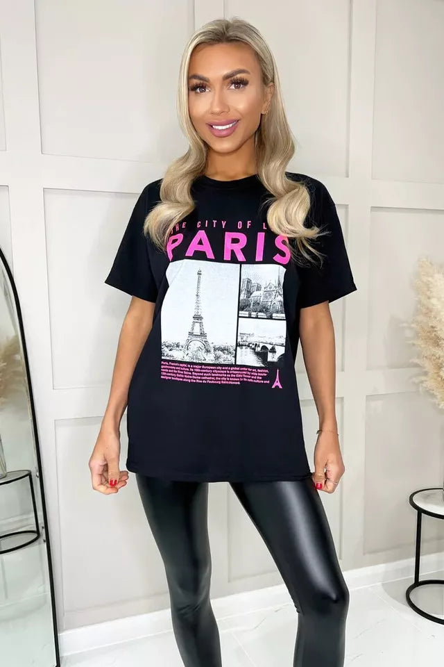 Paris Eiffel Tower Print T-Shirt Shirts & Tops WearAll Black 16-18