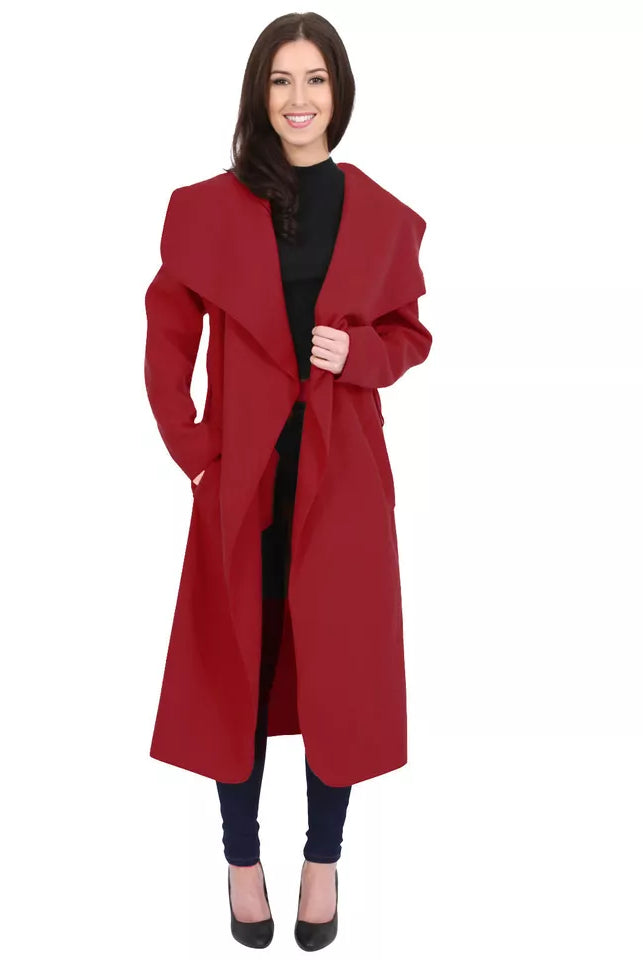 Plus Size Long Belt Pocket Open Coat cardigan WearAll Wine 16-22
