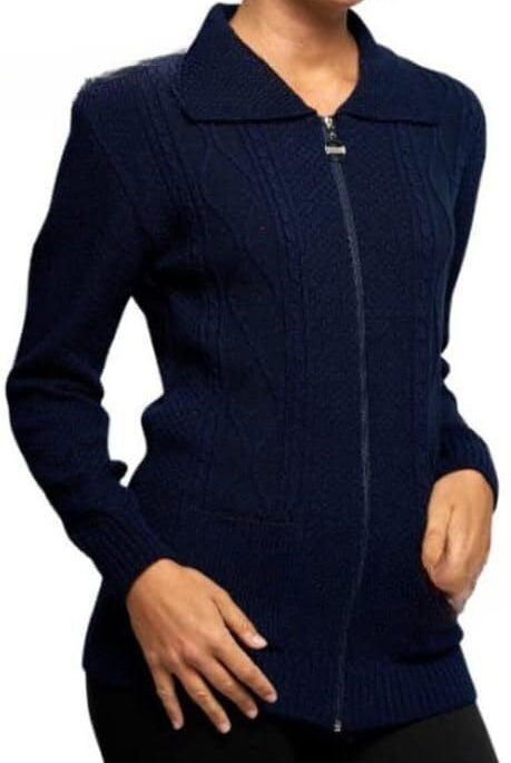 Plus Size Knit Collar Long Sleeve Zip Cardigan Knitted Cardigan WearAll Navy Blue 16-18