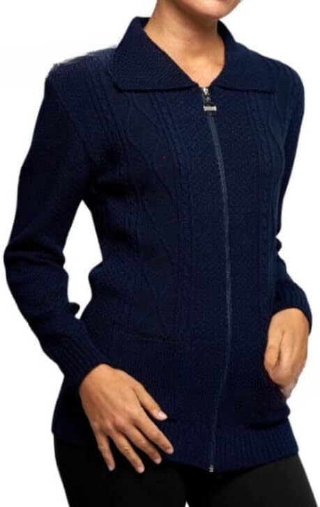 Plus Size Knit Collar Long Sleeve Zip Cardigan Knitted Cardigan WearAll Navy Blue 16-18