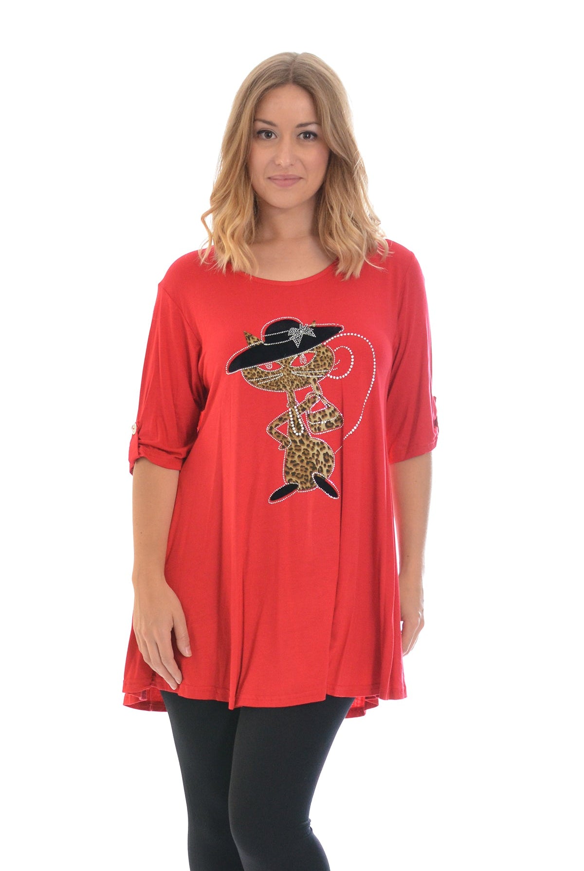 Cat Animal Print Short Sleeve Top Tops WearAll Red 14