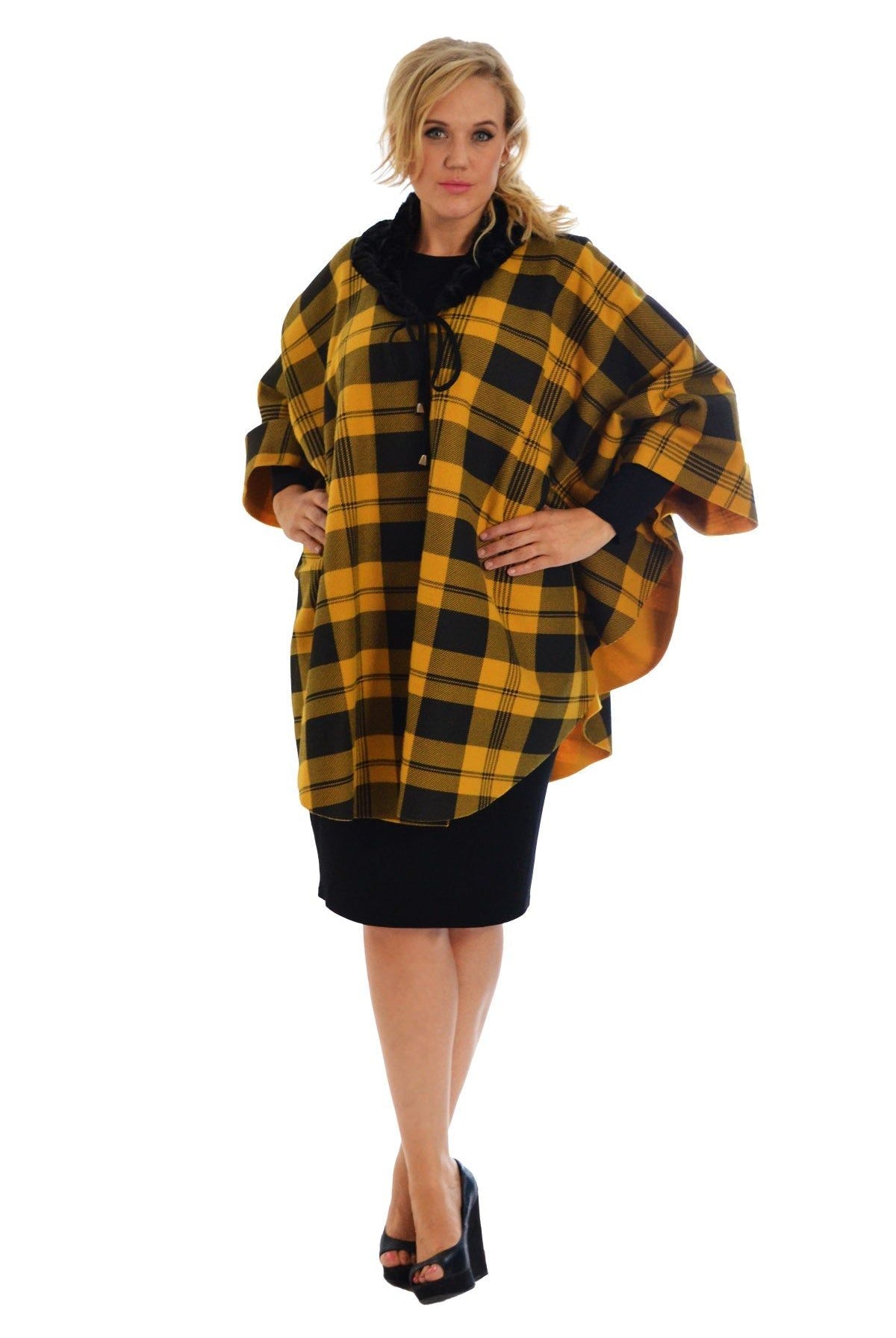Faux Fur Check Tartan Cape Shawl Poncho Tops WearAll