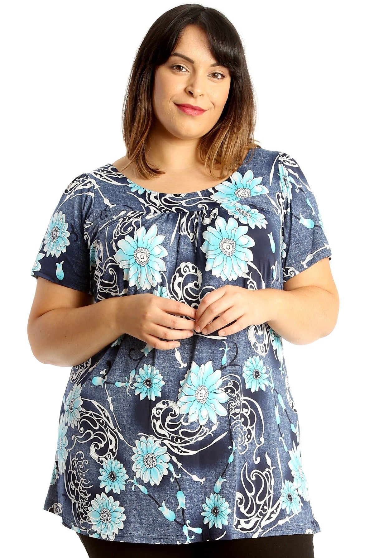 Floral Print Smock Tunic T-Shirt Top Tops WearAll Denim Floral Turquoise 14
