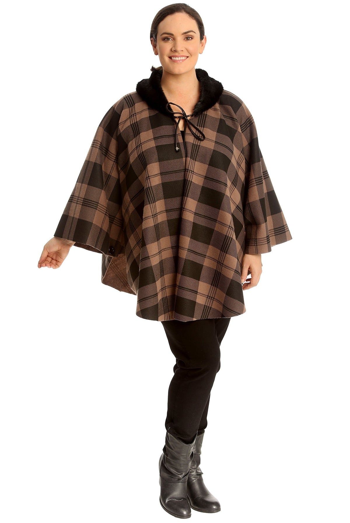 Faux Fur Check Tartan Cape Shawl Poncho Tops WearAll