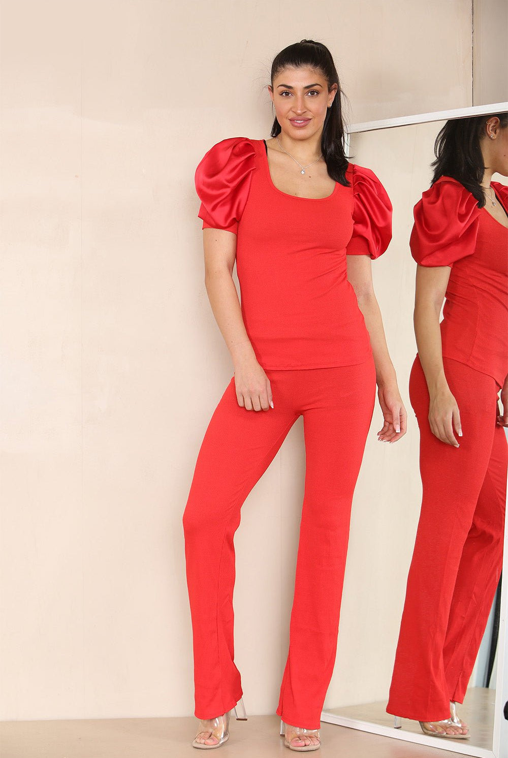 Silky Satin Puff Sleeves Ribbed Lounge Set Loungewear WearAll Red 8-10