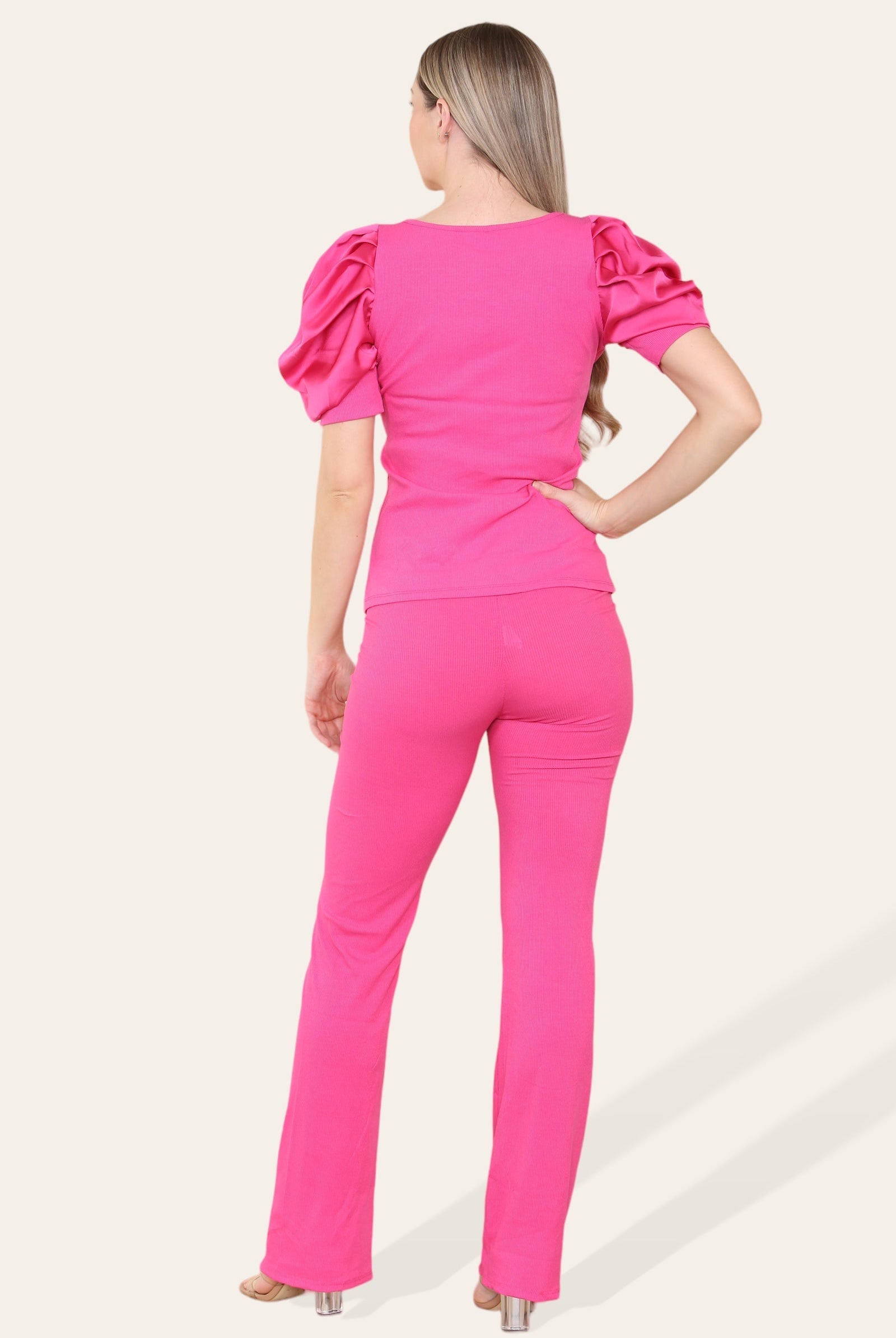 Silky Satin Puff Sleeves Ribbed Lounge Set Loungewear WearAll