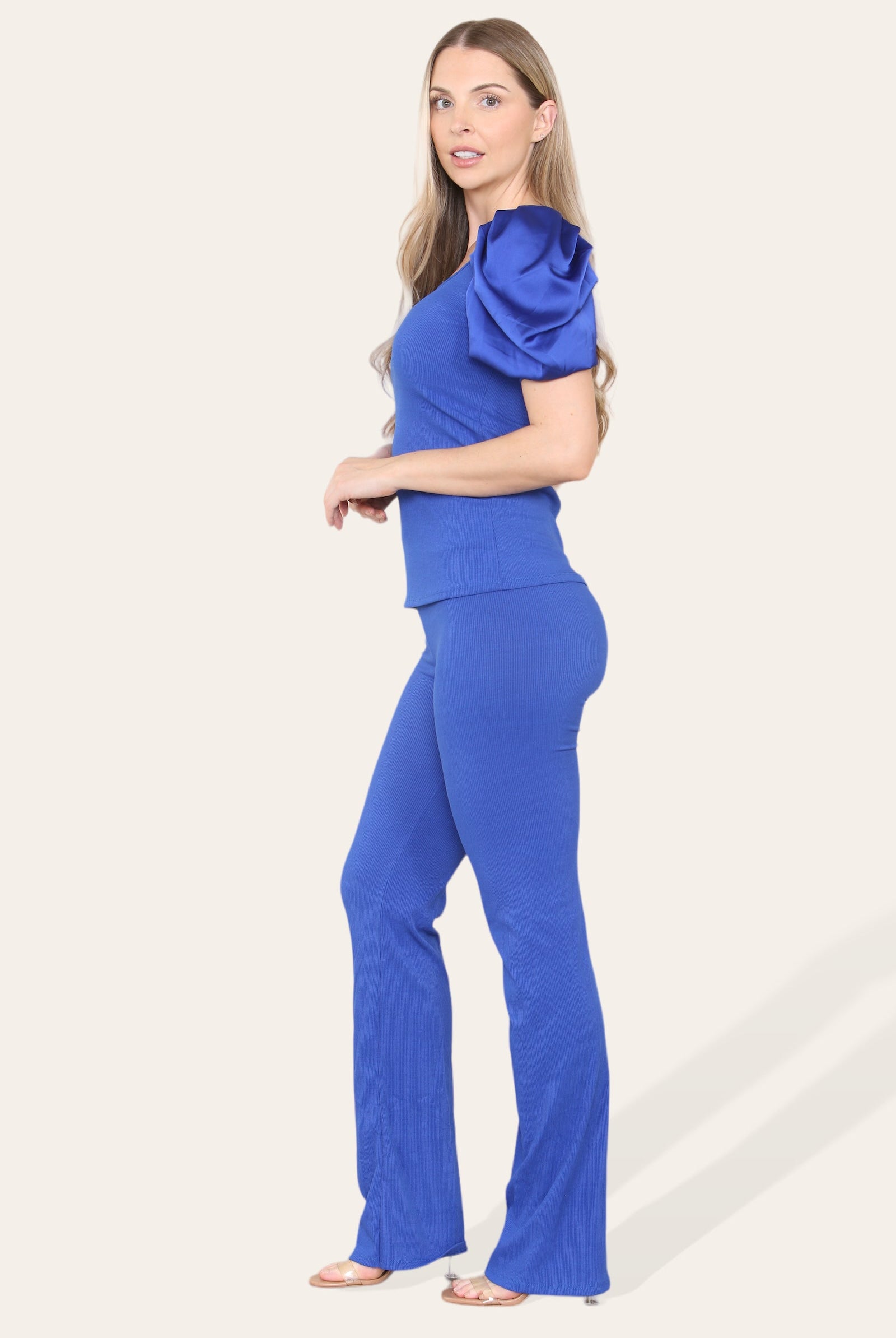 Silky Satin Puff Sleeves Ribbed Lounge Set Loungewear WearAll