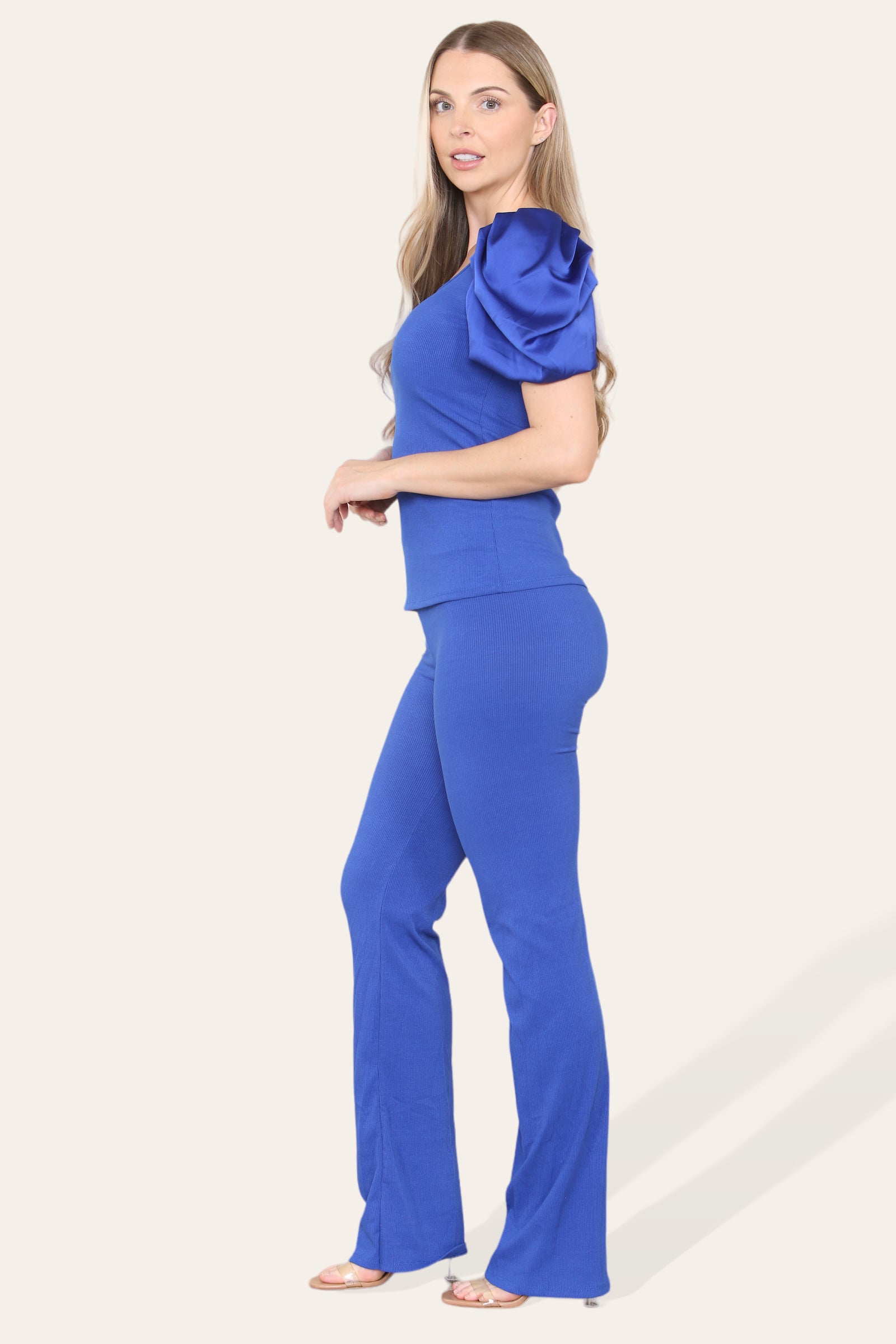 Silky Satin Puff Sleeves Ribbed Lounge Set Loungewear WearAll