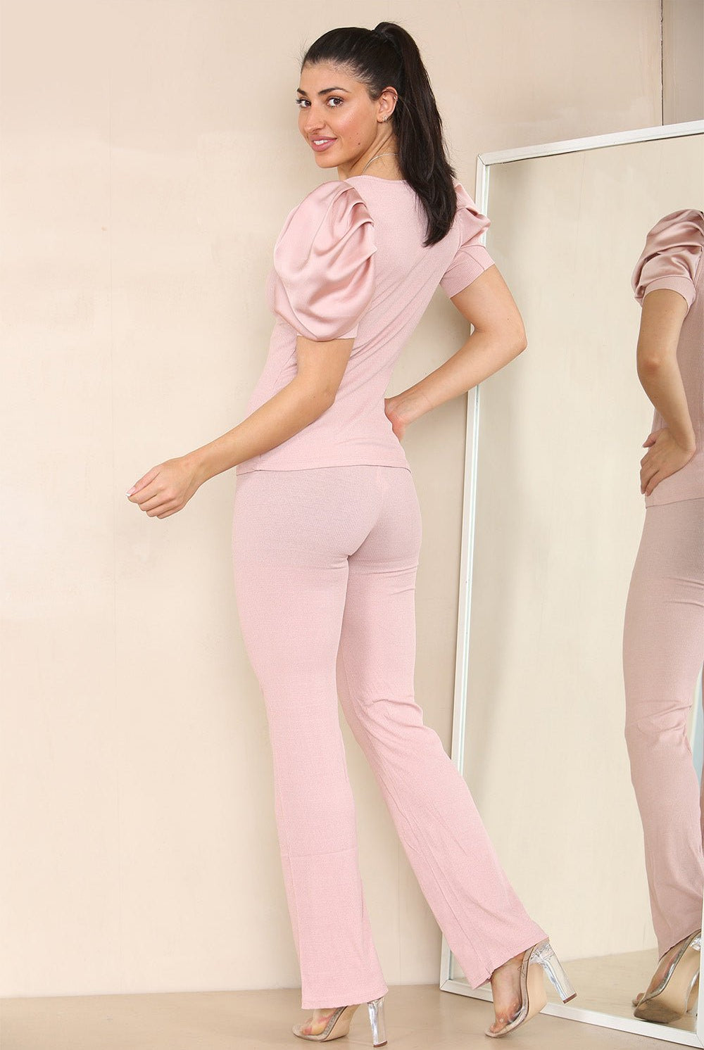Silky Satin Puff Sleeves Ribbed Lounge Set Loungewear WearAll