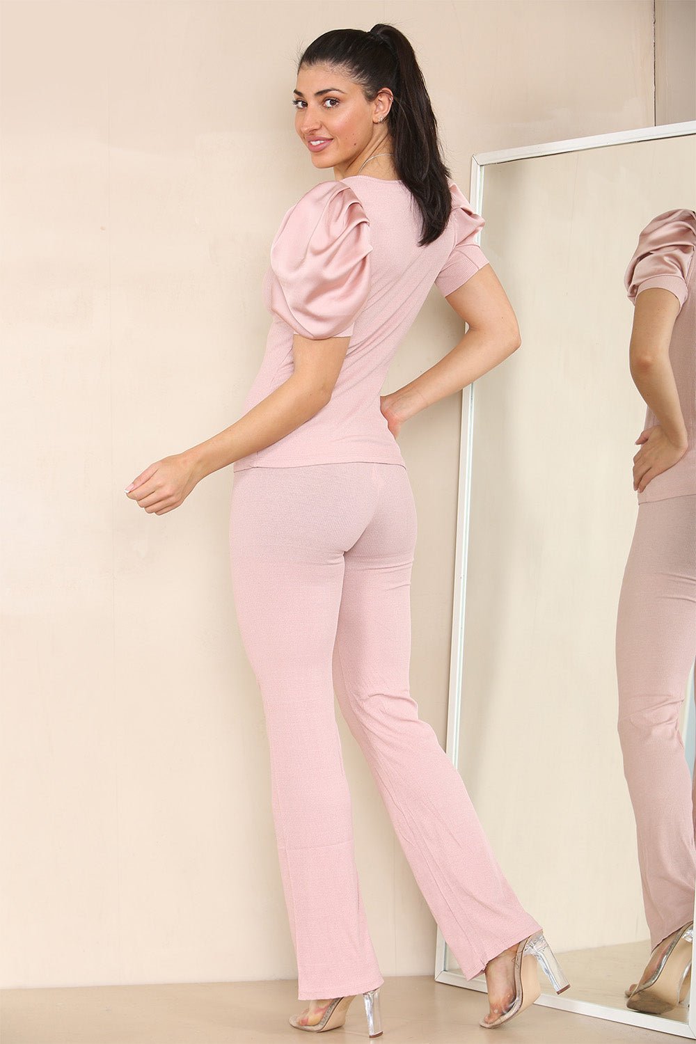 Silky Satin Puff Sleeves Ribbed Lounge Set Loungewear WearAll