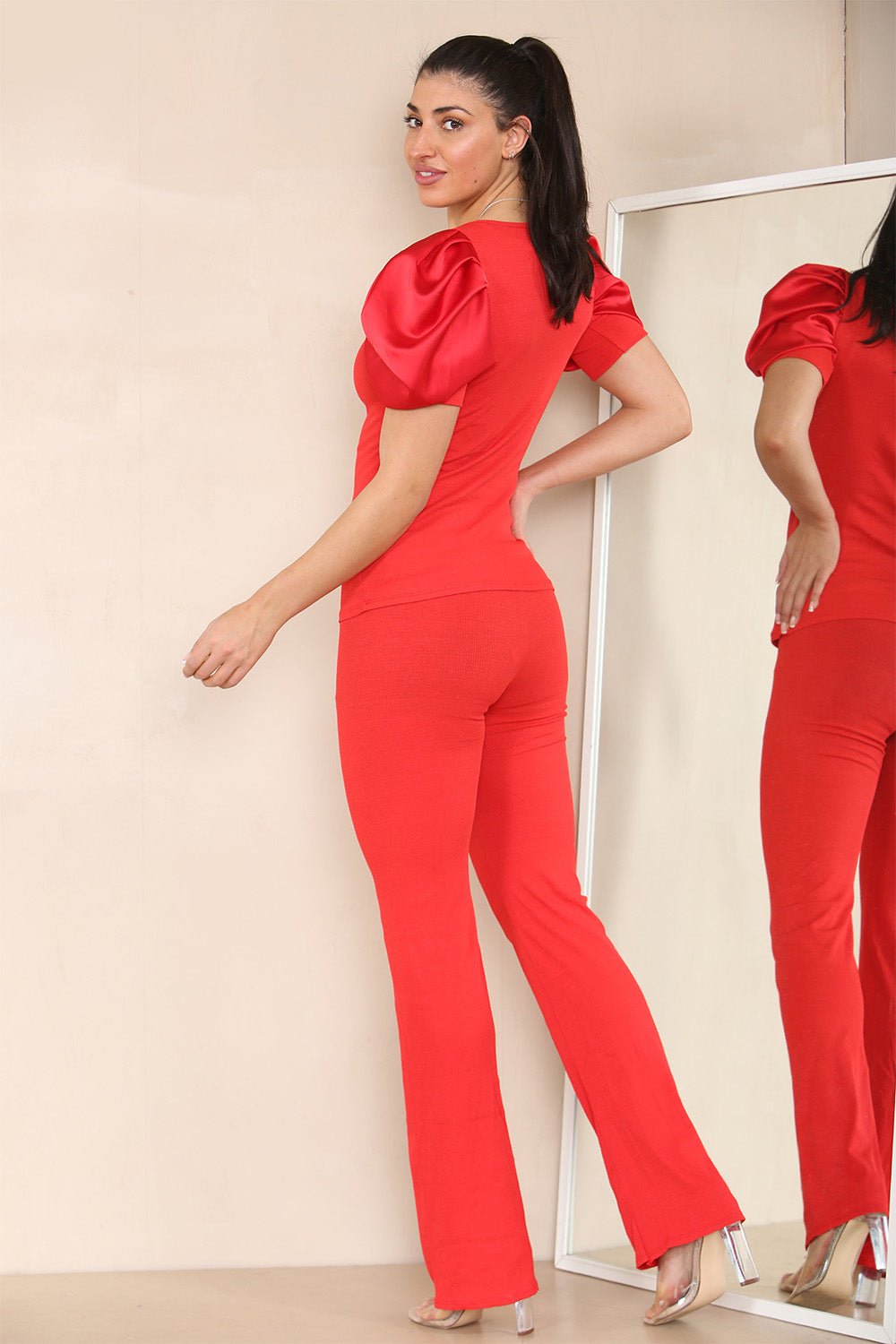Silky Satin Puff Sleeves Ribbed Lounge Set Loungewear WearAll