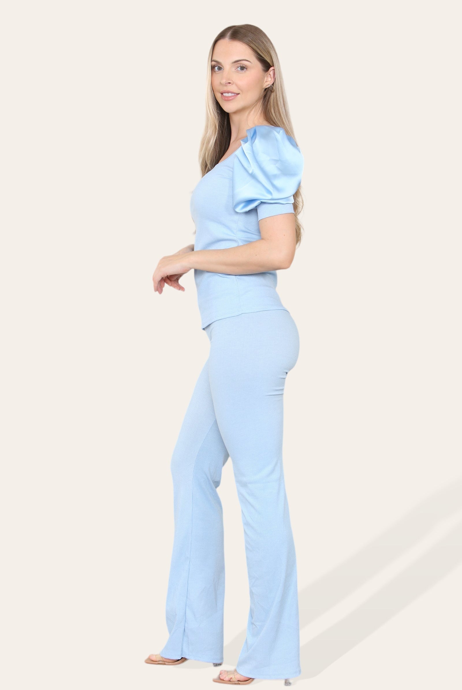 Silky Satin Puff Sleeves Ribbed Lounge Set Loungewear WearAll