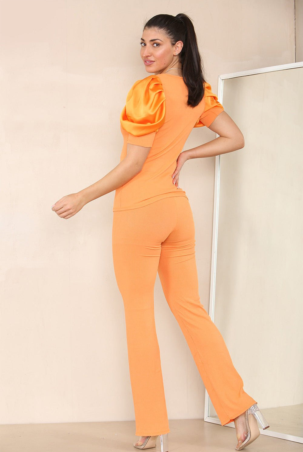 Silky Satin Puff Sleeves Ribbed Lounge Set Loungewear WearAll