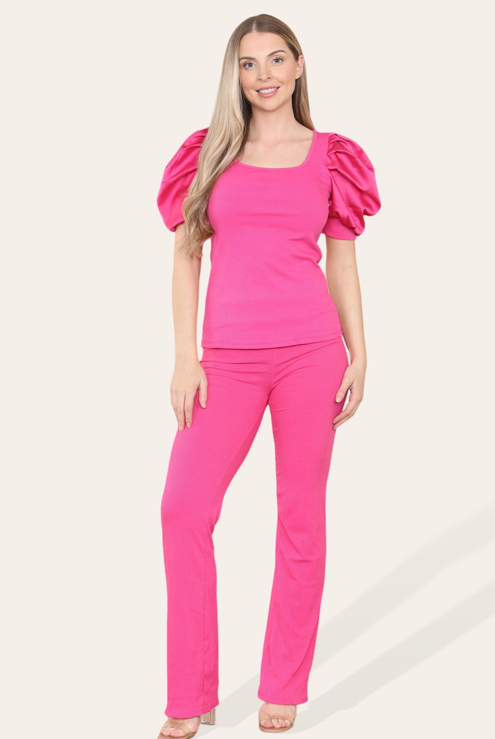 Silky Satin Puff Sleeves Ribbed Lounge Set Loungewear WearAll