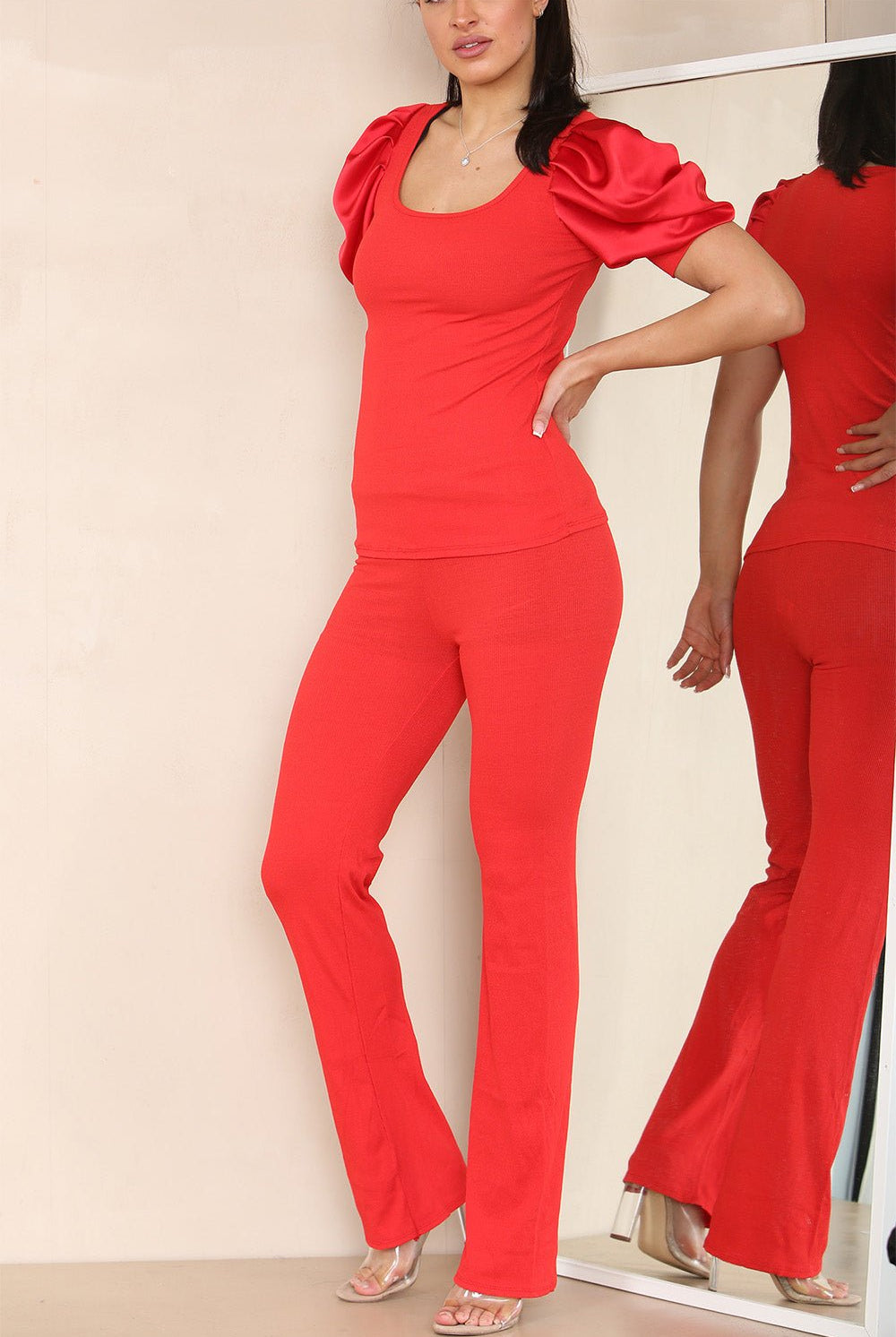 Silky Satin Puff Sleeves Ribbed Lounge Set Loungewear WearAll
