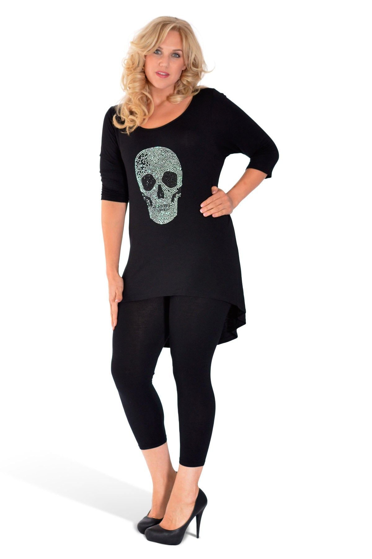 Skull Tail Back Dip Hem Scoop Top Tops WearAll