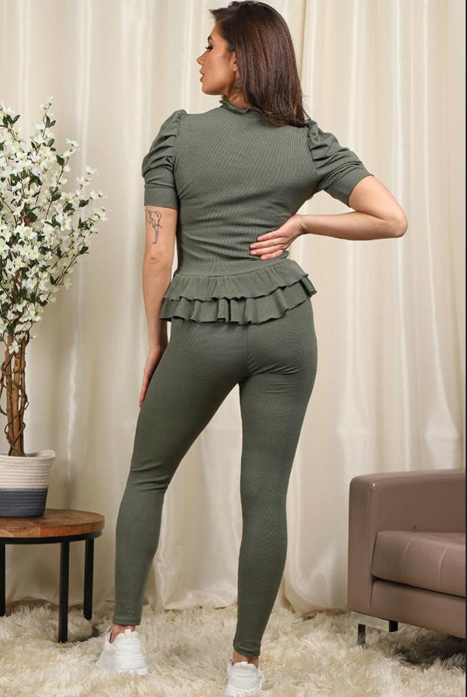 Short Sleeves Two Piece Suit with Ribbed Legging Co-Ord Top Gold Button Frill Hem Peplum Ribbed Lounge Set Loungewear WearAll