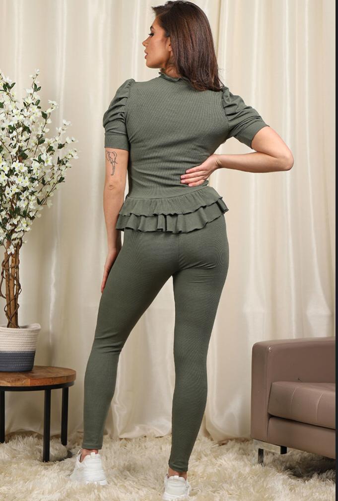 Short Sleeves Two Piece Suit with Ribbed Legging Co-Ord Top Gold Button Frill Hem Peplum Ribbed Lounge Set Loungewear WearAll
