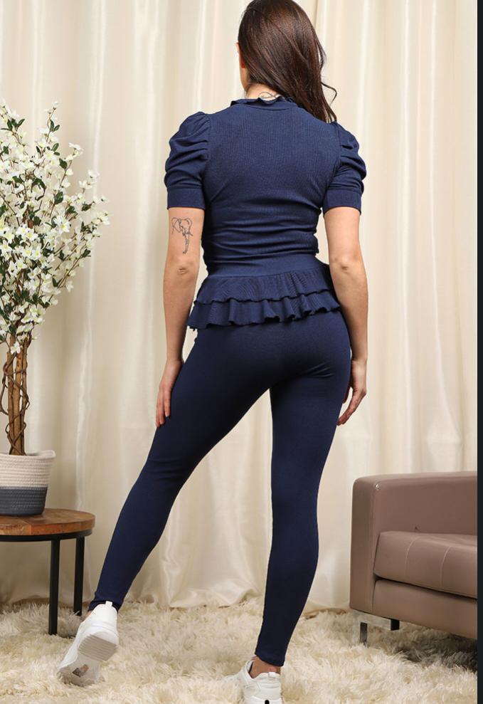 Short Sleeves Two Piece Suit with Ribbed Legging Co-Ord Top Gold Button Frill Hem Peplum Ribbed Lounge Set Loungewear WearAll