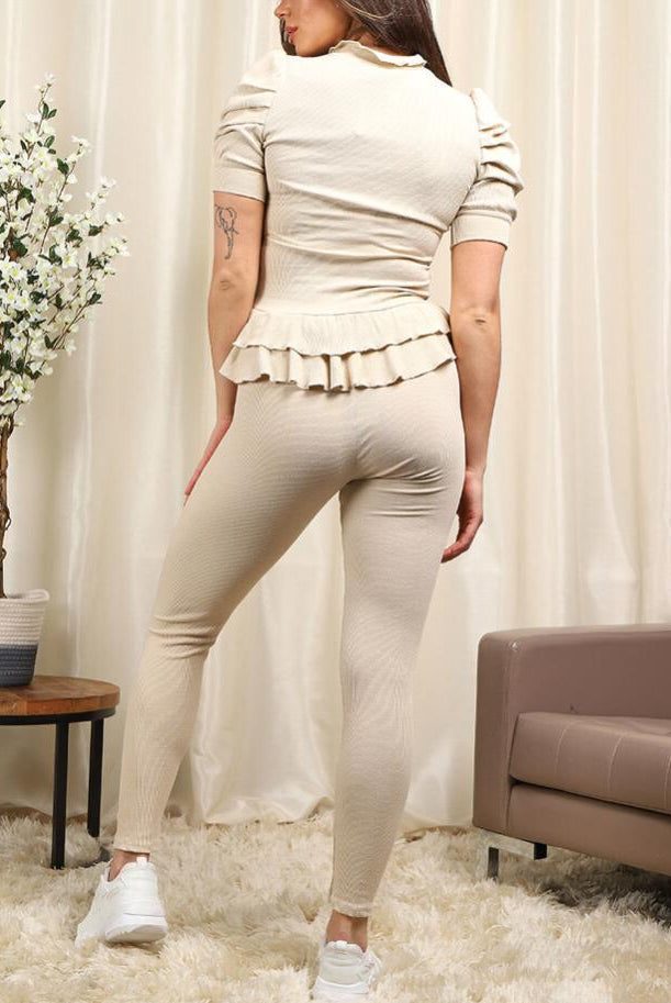 Short Sleeves Two Piece Suit with Ribbed Legging Co-Ord Top Gold Button Frill Hem Peplum Ribbed Lounge Set Loungewear WearAll