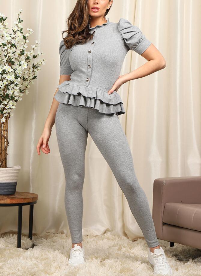Short Sleeves Two Piece Suit with Ribbed Legging Co-Ord Top Gold Button Frill Hem Peplum Ribbed Lounge Set Loungewear WearAll Grey 8-10