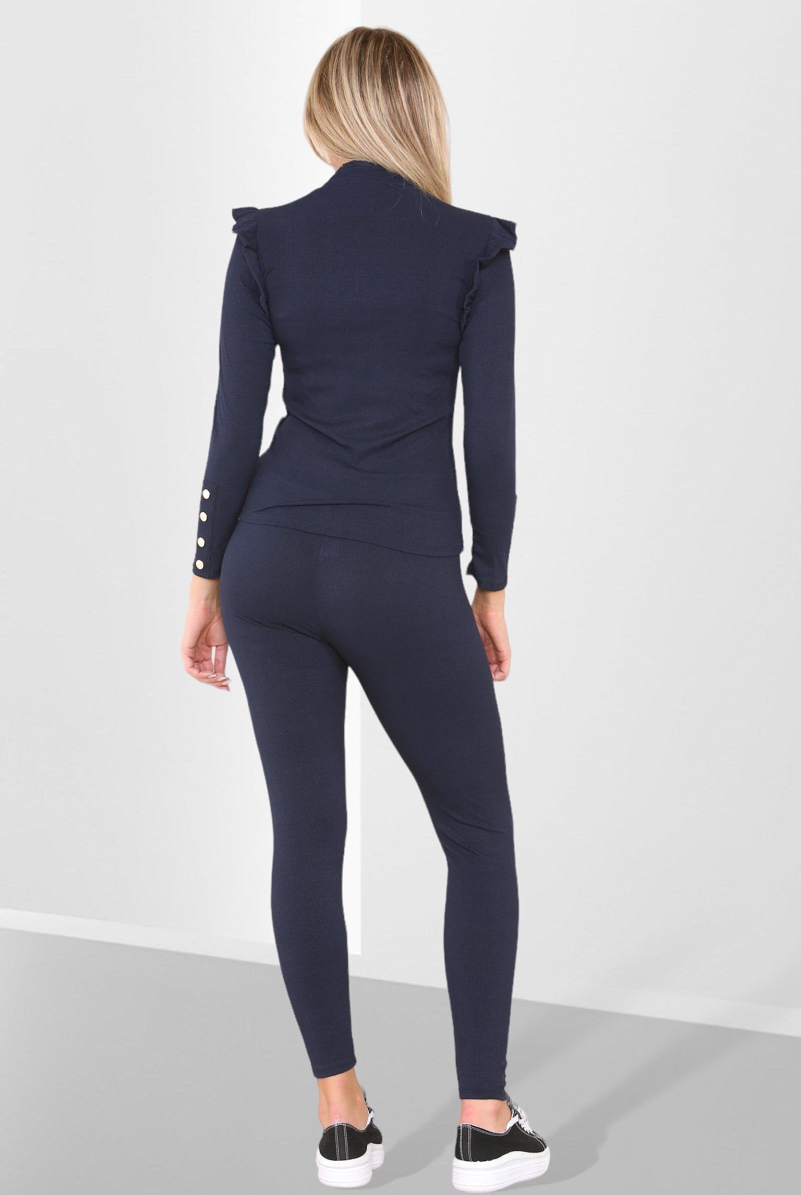 Side Buttons Frill Shoulder Side Neck Gold Button Detail Two Piece Loungewear Set Loungewear WearAll